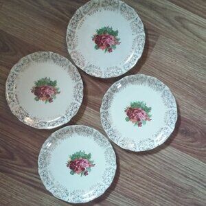 Vintage Roses 4 Small China Desert Plates 6"  And Bowl 8 3/4" 22K Gold Trim